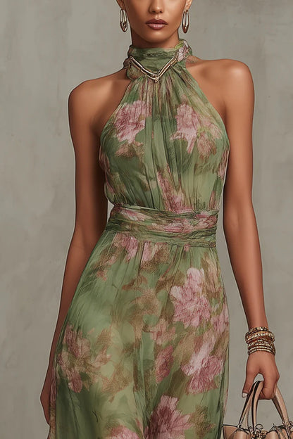 SERENA ∙ ROBE LONGUE VERTE À FLEURS EN MOUSSELINE AVEC COL LICOU