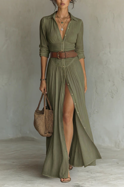 ROBE LONGUE POUR FEMME AVEC COL À REVERS ET MANCHES LONGUES EN LIN