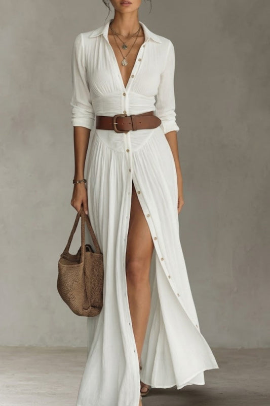 ROBE LONGUE POUR FEMME AVEC COL À REVERS ET MANCHES LONGUES EN LIN